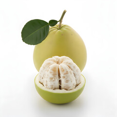 Pomelo Fruit Whole fruit and half peeled pulp resting inside its own bright green rind