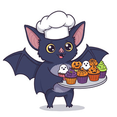 Cute chef bat holding a plate of festive Halloween cupcakes with pumpkins and ghost decorations.
