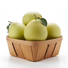 Pomelo Fruit Four smooth whole fruits stacked inside a rustic square wooden market basket
