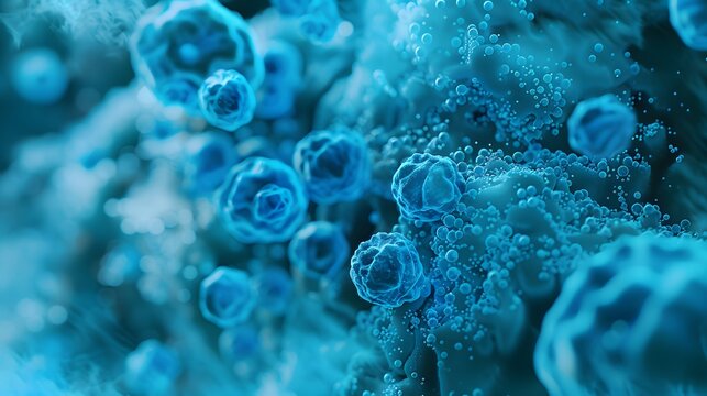 Microscopic image of leukemia blast cells in bone marrow showing abnormal cell growth and hematology oncology research concept.