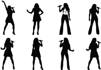Female singer silhouette set with microphone in dynamic performance poses for music, concert, entertainment, pop culture, and stage art