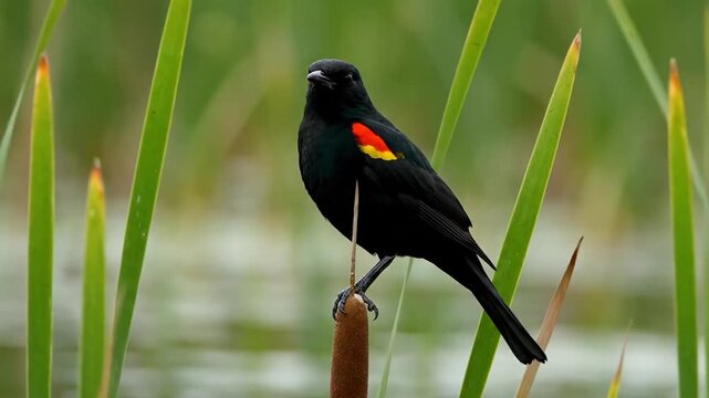 Blackbird with vibrant red and yellow markings on its wings perched on a cattail