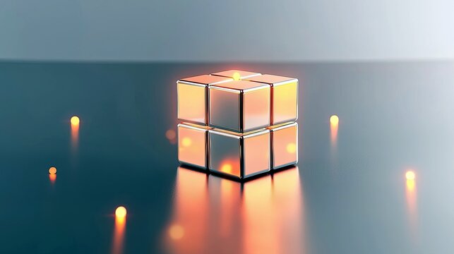 A metallic 2x2 cube reflects warm light on a dark, reflective surface, surrounded by glowing orbs.