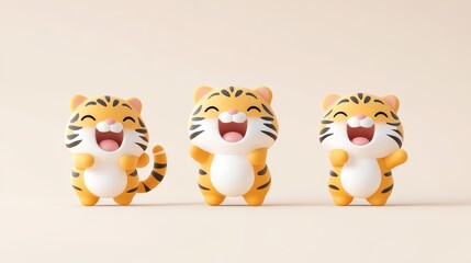 Obraz premium 90.A collection of three playful 3D tiger figurines, each with a thick, round body and oversized faces. Two tigers stand on their hind legs with open mouths, while the third leaps into the air with a