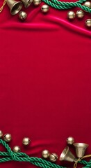 Christmas Bells  Green Rope Border on Red Velvet Background, Festive Holiday Frame