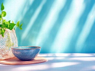 A blue ceramic bowl and a mesh bag of green leaves are arranged on a wooden board against a turquoise wall with dappled sunlight.