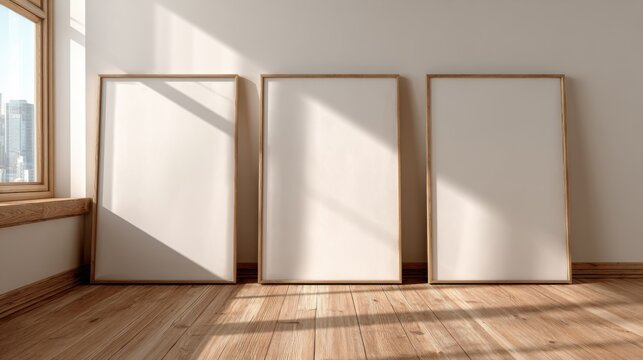 Empty Frame Gallery: Three minimalist frames rest elegantly against a sunlit wall. The interplay of natural light and wooden textures create a serene, uncluttered ambiance.