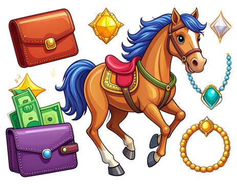 Colorful Cartoon Finance and Lifestyle Icon Set, Money, Horse Riding, and Jewelry Symbols, Isolated on Transparent Background