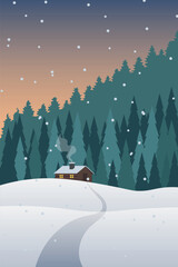 Adobe Illusa peaceful winter scene likely a digital illustration showing a cozy wooden cabin nestled in snowy hills at either sunrise or sunsettrator Artwork
