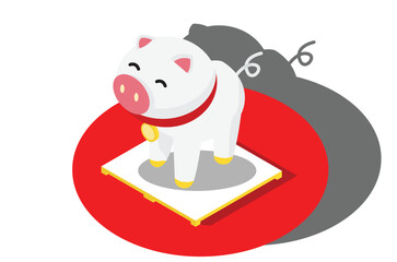 Isometric 2019 Chinese New Year. Year of the pig. Vector illustration. New Year. Gold on red