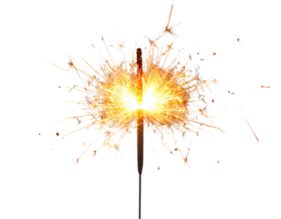 Glowing Sparkler Stick with Radiating Light Bursts, Front View, Isolated on Transparent Background