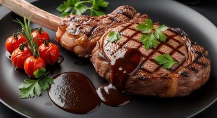Grilled Tomahawk Steak with Sauce and Cherry Tomatoes on Black Plate