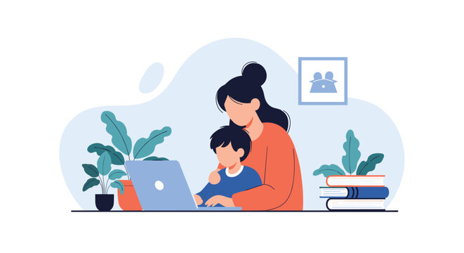 Mother and child bonding over a laptop, engaging in distance learning or casual computer use in a cozy home environment.
