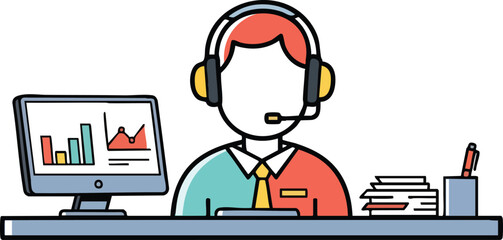 Customer Service Representative With Headphones And Computer Screen Showing Charts In An Office Setting