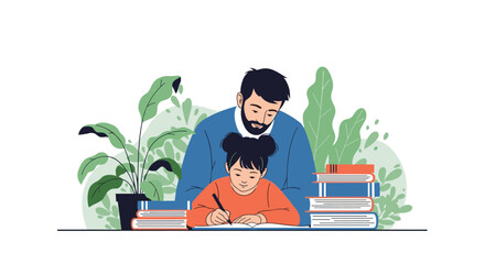 A caring father assists his young daughter with her schoolwork, fostering a supportive home learning environment surrounded by books and nature.