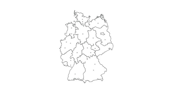 Detailed outline map of Germany, illustrating the borders of its individual federal states with internal letter labels on a white background.