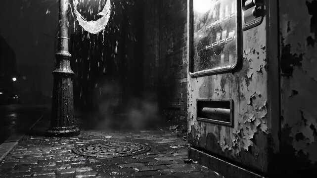 A Cinematic Black and White Video of a Rain-Soaked Alley with a Vending Machine at Night