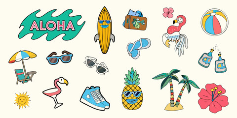 Fun summer vacation tropical beach holiday elements collection with aloha text and cartoon characters