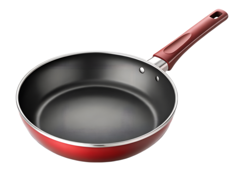 Red frying pan with nonstick coating isolated on transparent background