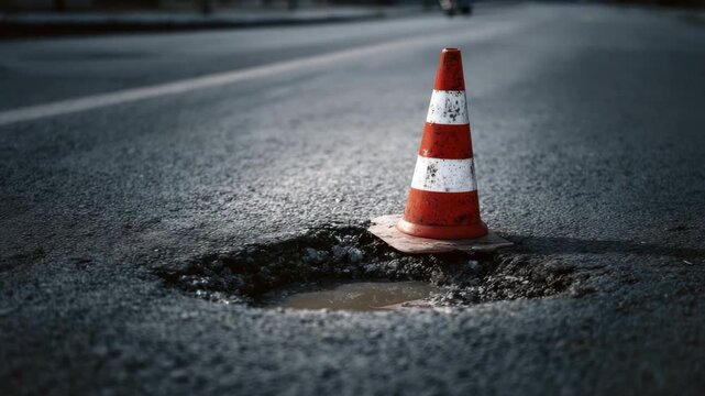 An orange and white striped traffic cone sits in a water-filled pothole on a dark asphalt road