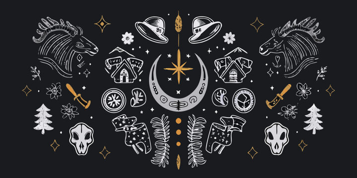 Whimsical hand drawn elements featuring horses moon celestial objects and nature motifs on black background
