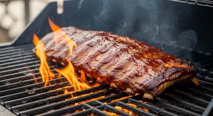 Grilling Delicious Barbecue Ribs with Flames for a Summer Cookout