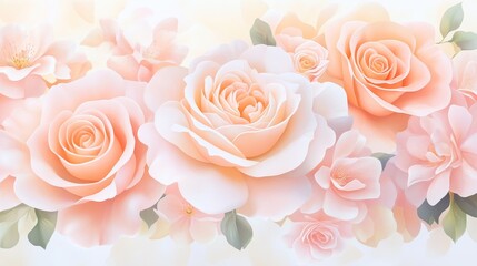 86.A beautiful bouquet of blooming roses and soft pink flowers with delicate petals, set against a pastel-colored background. The floral arrangement exudes a sense of elegance and romance, perfect
