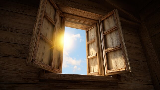 Window to the Skies:  An open window frames a brilliant sky, inviting sunlight and fresh air into a rustic interior, embodying a feeling of freedom and renewal.
