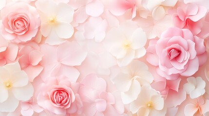 84.A dreamy, soft-focus image of delicate pink roses and blooming flowers, arranged in a romantic bouquet. The pastel-colored petals create a tender and serene atmosphere, perfect for a festive
