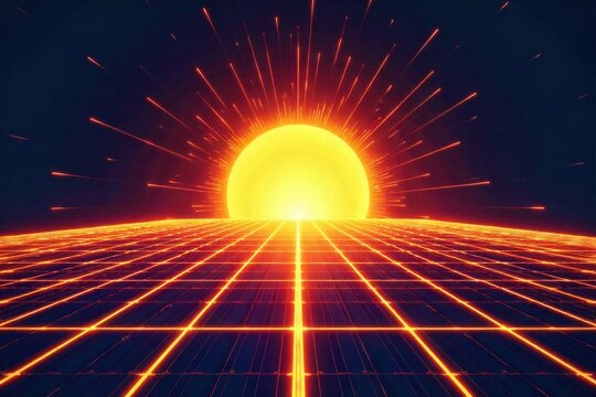 Abstract representation of solar energy collection and heat transfer An abstract, stylized illustration of bright, golden sunbeams radiating and being absorbed by a glowing, geometric solar panel