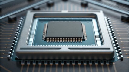 Close-up of a central processing unit (CPU) on a printed circuit board, showcasing intricate connections and electronic components.