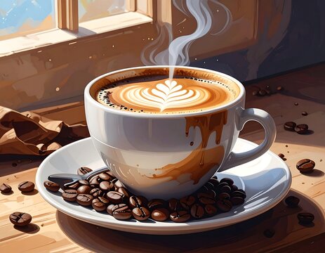 A cup of steaming coffee with latte art sits on a saucer with coffee beans, by a window. The scene is illuminated by natural light