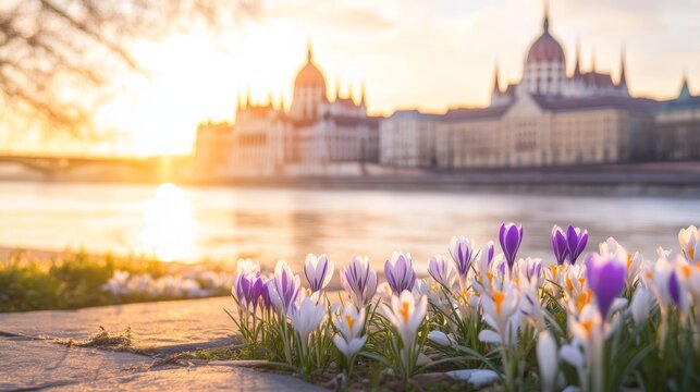 60.A serene image capturing the first signs of spring in Budapest, with the city&acirc;&euro;&trade;s historic architecture as the backdrop. Early blooms of crocuses and snowdrops dot the ground, and the warm sunlight