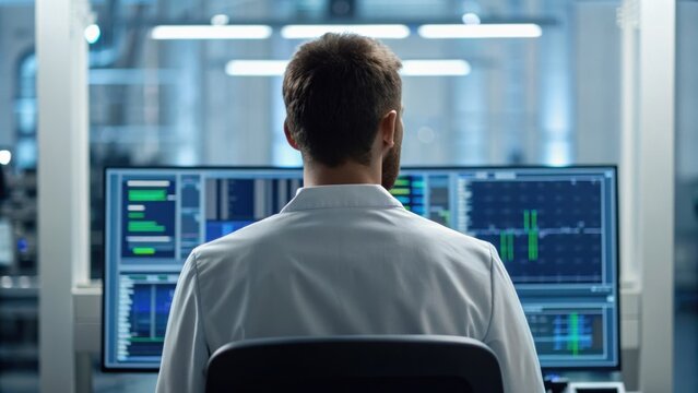 A focused individual monitors multiple screens displaying data and analytics in a modern workspace.