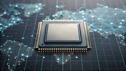 Microchip on a digital map, symbolizing technology and global connectivity.