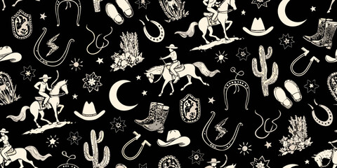 Whimsical western cowboy and horse pattern with cacti boots and moon on black background