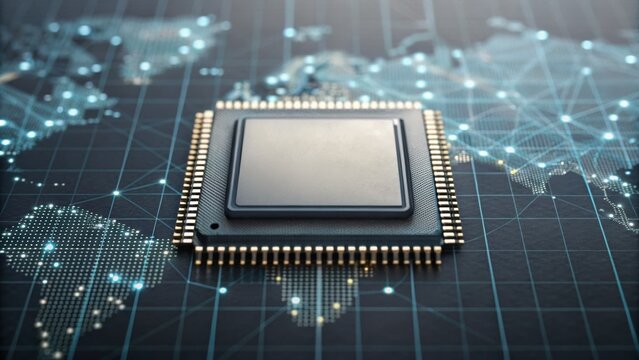 Microchip on a digital map, symbolizing technology and global connectivity.