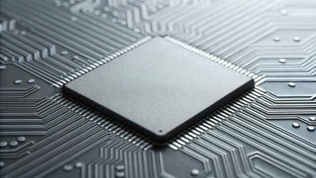 Close-up of a computer chip on a circuit board, showcasing intricate electronic connections and a sleek, modern design.