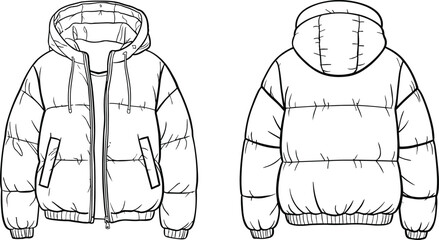 Front and back view of warm puffer jacket with hood, detailed winter coat design illustration, fashion technical drawing, apparel template, outline © Sarsoti