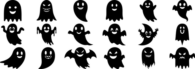  Large Black Vector Ghost Silhouette Set of Cute and Scary Characters