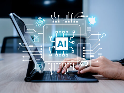 Hands typing on digital device with AI technology interface overlay. Concept of artificial intelligence, machine learning, data processing, and future tech innovation in modern digital workspace.