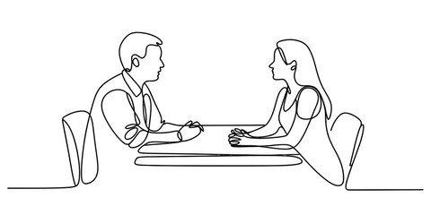 Continuous one line drawing of a man and woman sitting at a table engaging in discussion, depicting communication or an interview