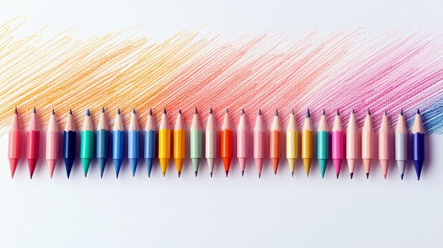 A collection of colorful double-tipped pencils are laid out in a row, with a background of blended pencil strokes in shades of orange, red, pink, and purple.