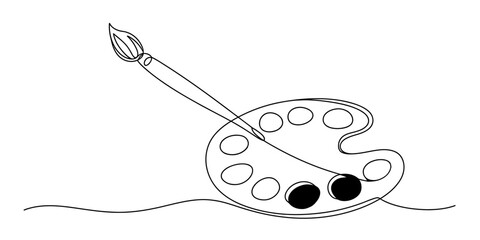 Continuous line drawing of an artist's palette with paint and a paintbrush, symbolizing creativity, art and artistic expression.