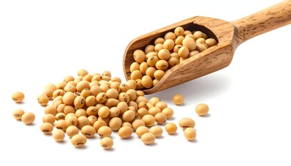 Pile of pale yellow beans spilling from a wooden scoop against a white background
