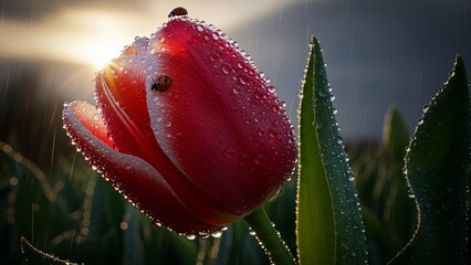 A perfect red tulip bud, delicately covered in morning dew, basks in the soft, ethereal backlighting of a rising sun, creating a serene and captivating macro shot with a dreamy bokeh.