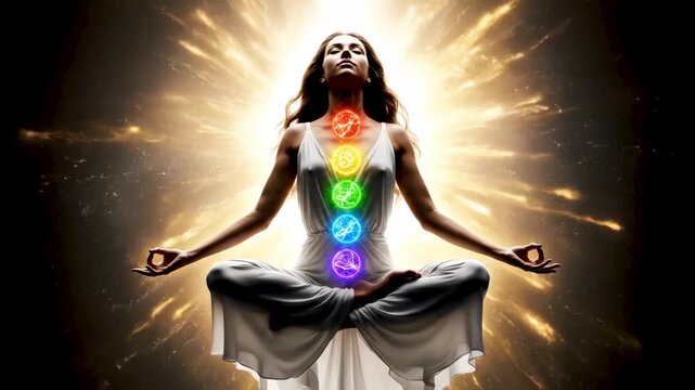 Cinematic of a woman levitating in meditation with seven glowing chakras, surrounded by divine golden light symbolizing spiritual awakening and ascension