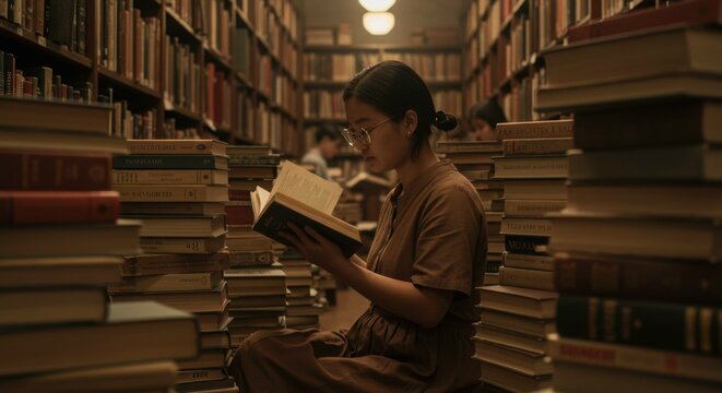 Captivating moment of a young woman engrossed in a book amidst towering stacks in a vintage library