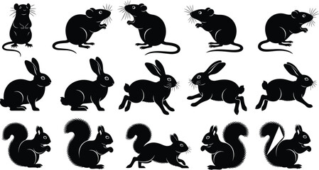 Animal silhouettes, mouse, rabbit, squirrel, wildlife poses, leaping animals, crouching mammals, sitting creatures, black outline, vector illustration, design asset