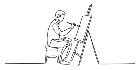 Continuous line drawing of an artist painting on a canvas with a paintbrush, sitting on a stool by an easel, creating artwork